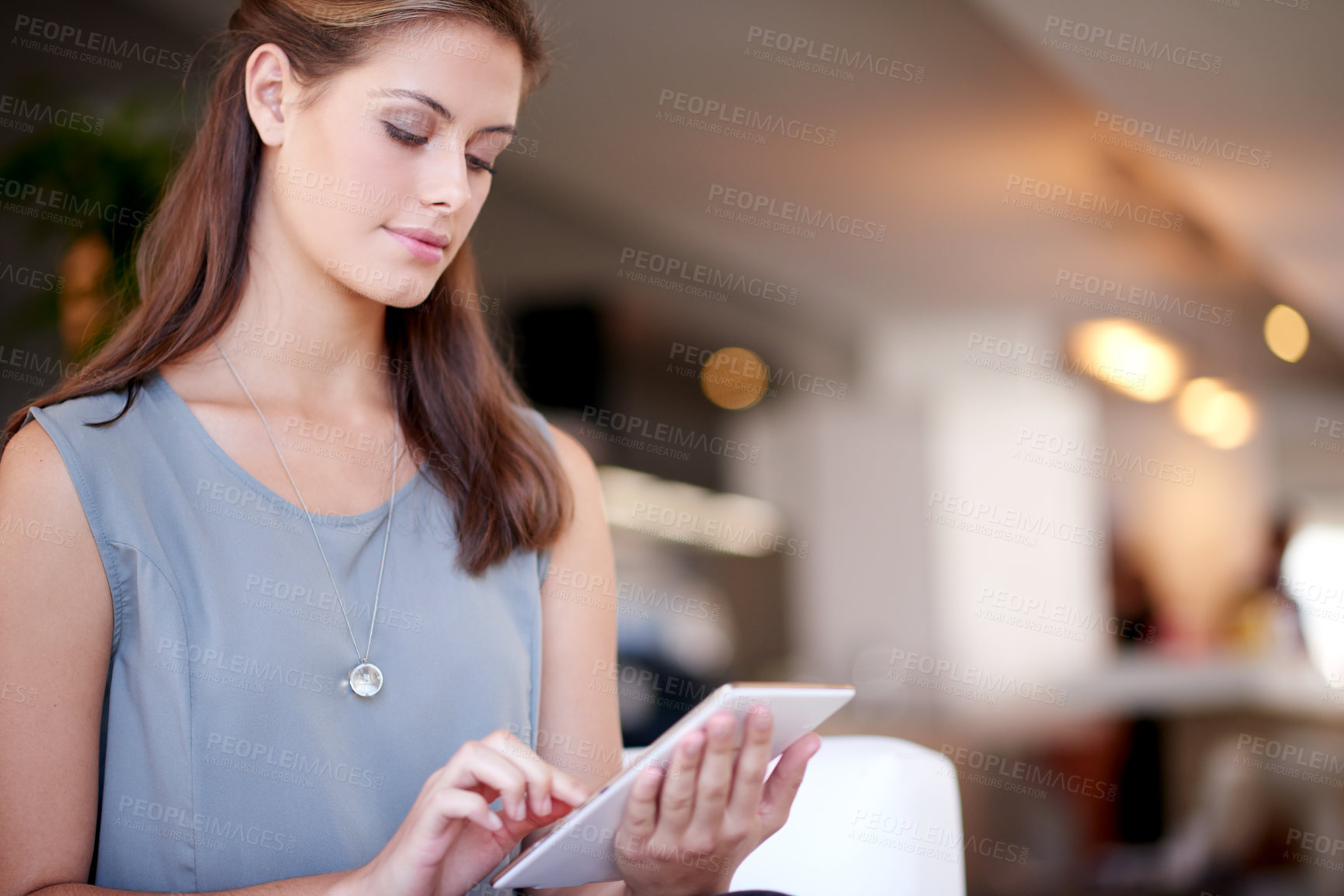Buy stock photo Business, tablet and woman events coordinator at venue for agenda, online planning or schedule. Calendar, internet and research with consultant or planner in hotel for location setup of function