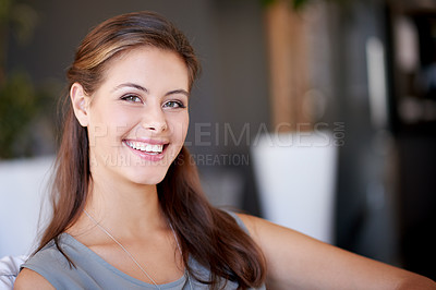 Buy stock photo Business, woman and happy with portrait in office for about us, career confidence and employee growth. Receptionist, professional person and smile for corporate vision and job opportunity with space