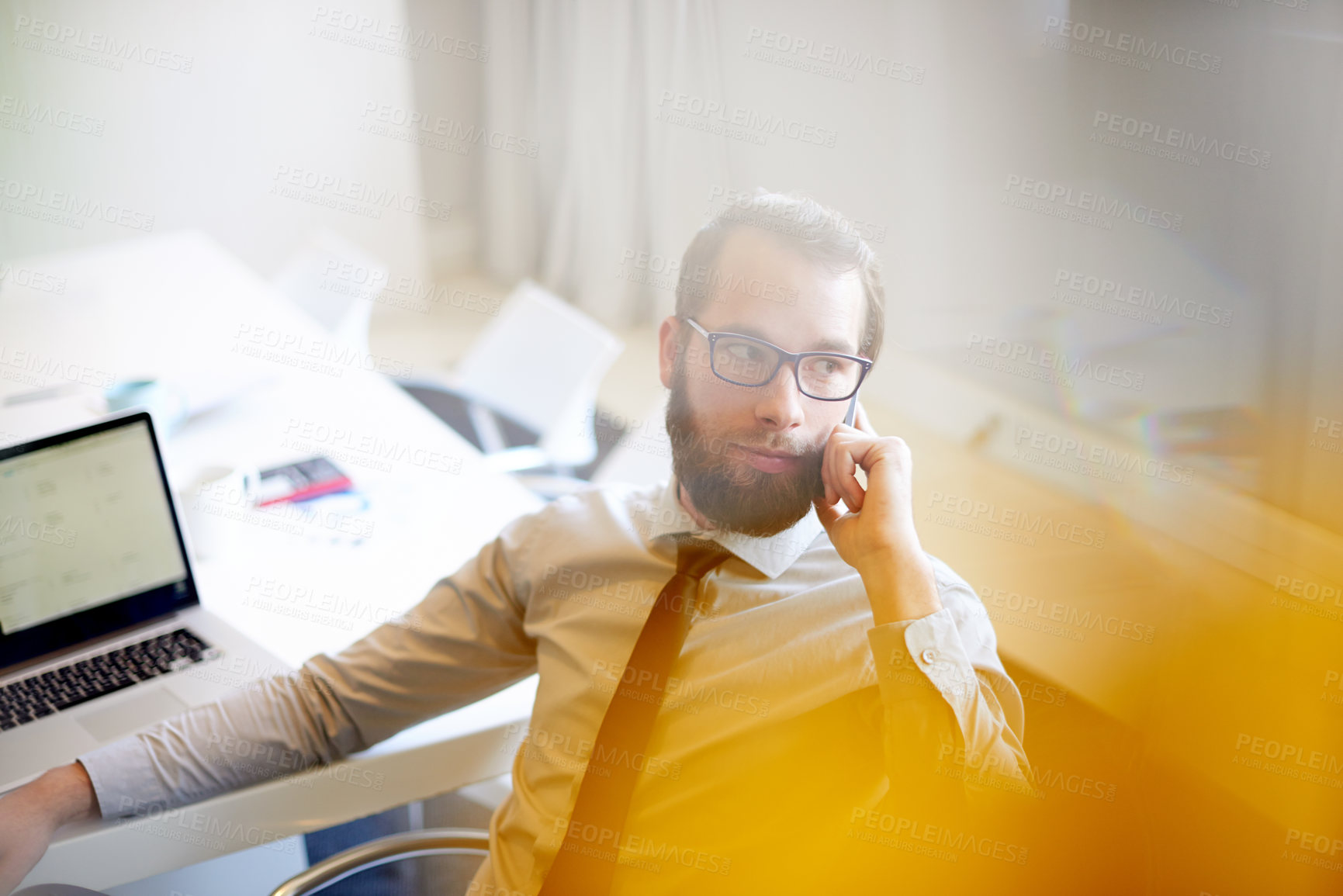 Buy stock photo Business man, phone call and contact at office with listening, networking or advice at financial agency. Person, accountant and guide with smartphone for communication or discussion at workplace