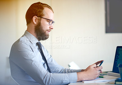 Buy stock photo Phone, accountant and business man reading email, bookkeeping and tax audit. Mobile, finance and auditor online in office with budget review, profit report and typing on chat app for communication