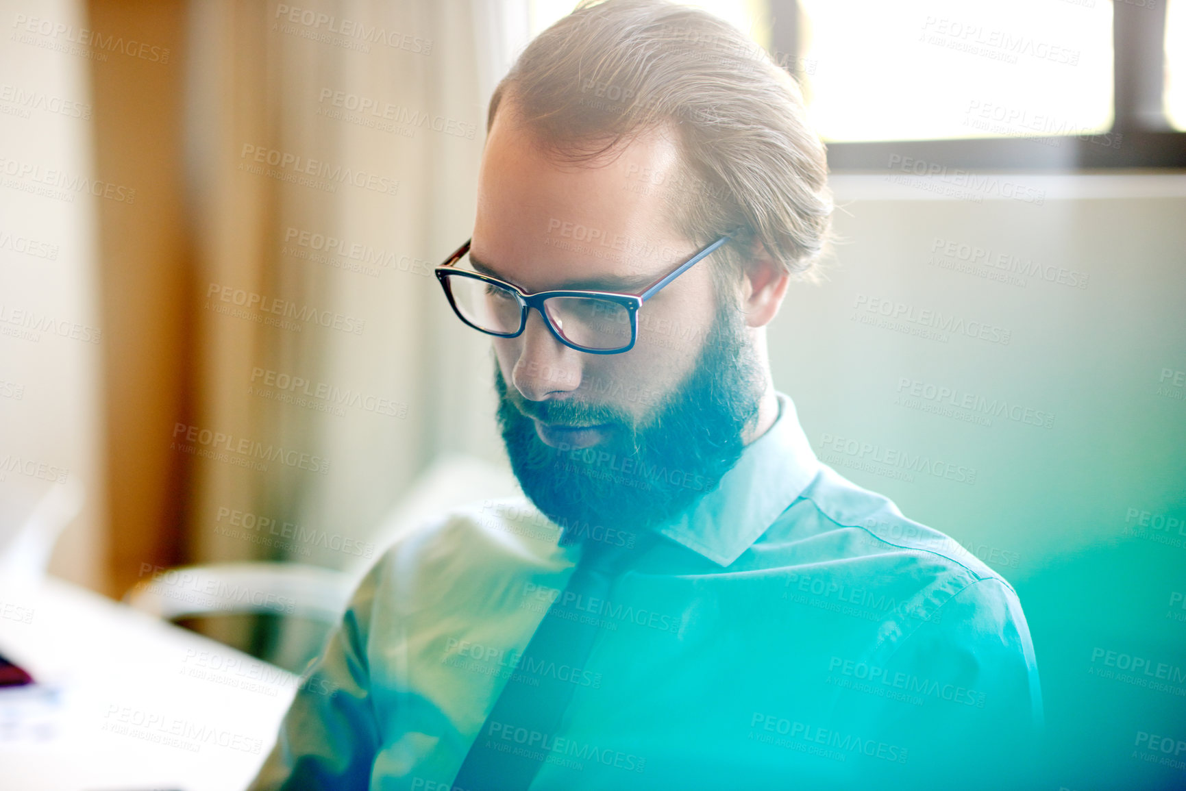 Buy stock photo Serious, thinking and man with glasses, office and planning for taxes of company, corporate and broker. Morning, accountant and person with eyewear for project, contemplating and employee in business