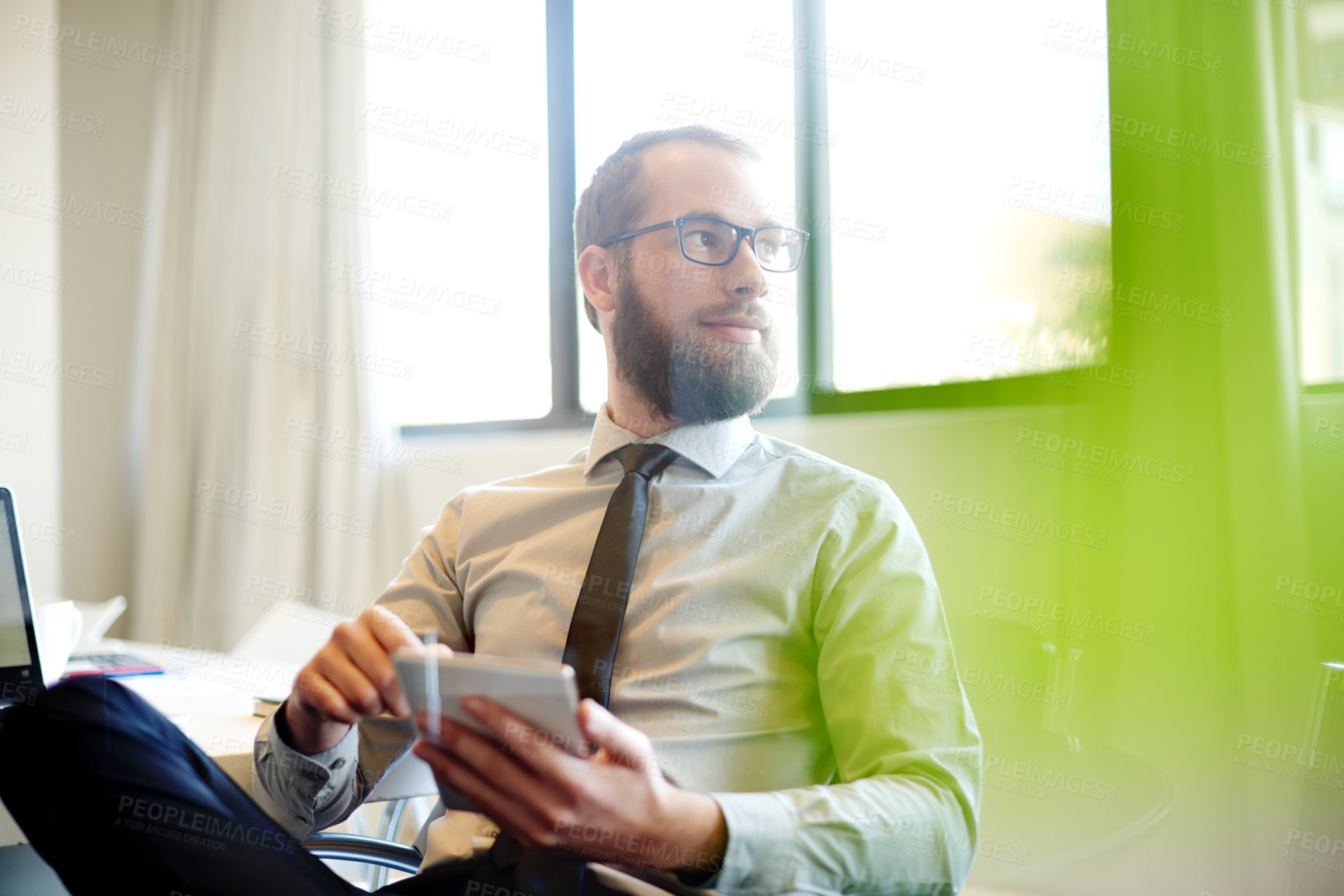 Buy stock photo Finance, tablet and thinking with business man in office for planning, problem solving or review. Future, idea and vision with confident bank employee in workplace for financial account management