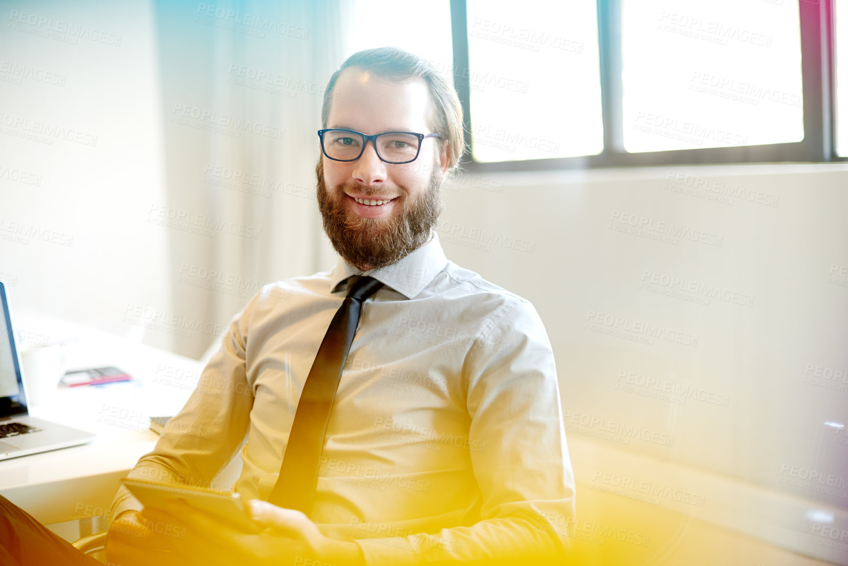 Buy stock photo Finance, portrait and tablet with business man in office for accounting, bookkeeping or planning. Internet, smile and technology with happy bank employee in workplace for investment or savings