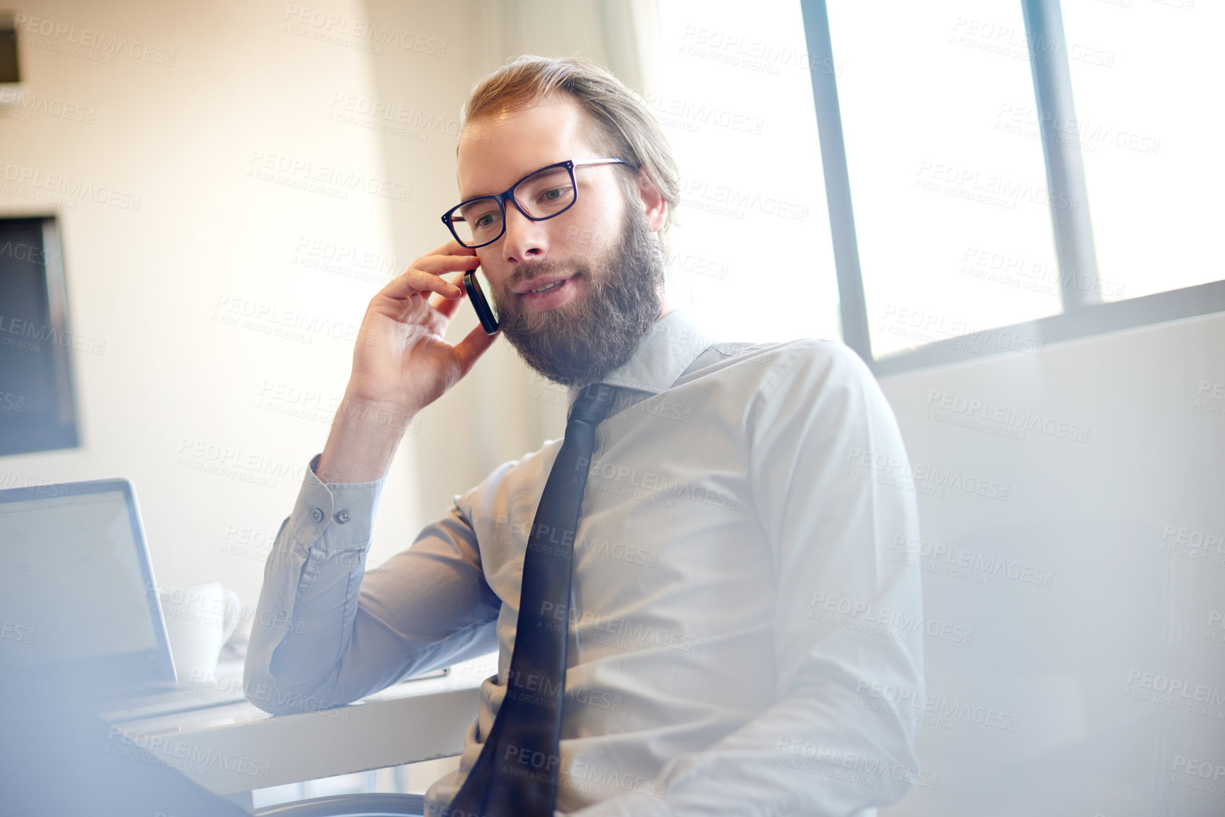 Buy stock photo Businessman, accountant or listening with phone call for finance advice, help or consulting at office. Man, employee or financial advisor speaking with mobile smartphone for customer service at desk