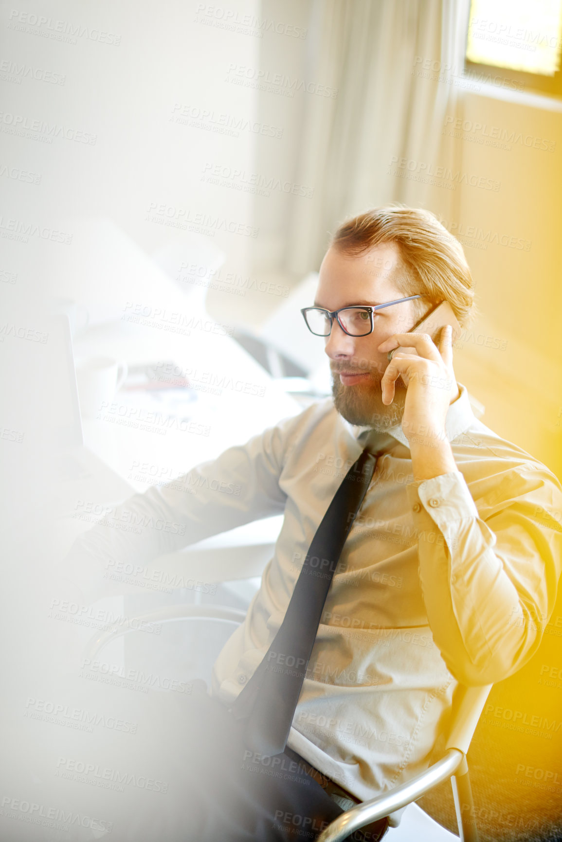 Buy stock photo Businessman, financial consultant and talking with phone call for accounting advice, help or assistance at office. Man, employee or finance advisor with mobile smartphone for discussion at workplace