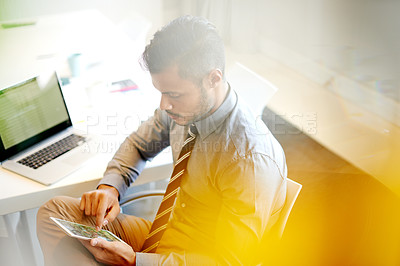 Buy stock photo Accounting, research and man with tablet, serious and planning for financial report of company or online. Corporate, website and person with app for investment, employee and notification of email