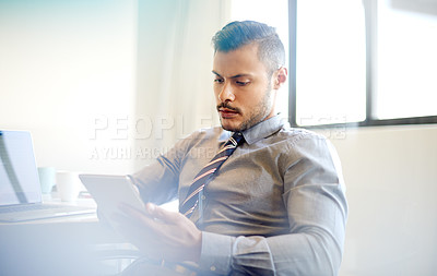 Buy stock photo Accounting, browsing and man with tablet, serious and planning for financial report of company or online. Corporate, website and person with app for investment, employee and notification of email