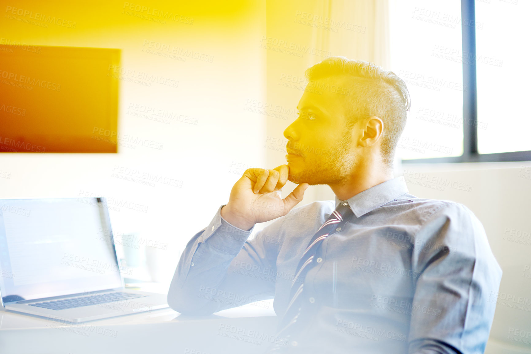 Buy stock photo Businessman, thinking or laptop in office for planning, decision or problem solving. Accountant, computer and idea in corporate agency for profit growth, choice and consider investment opportunity