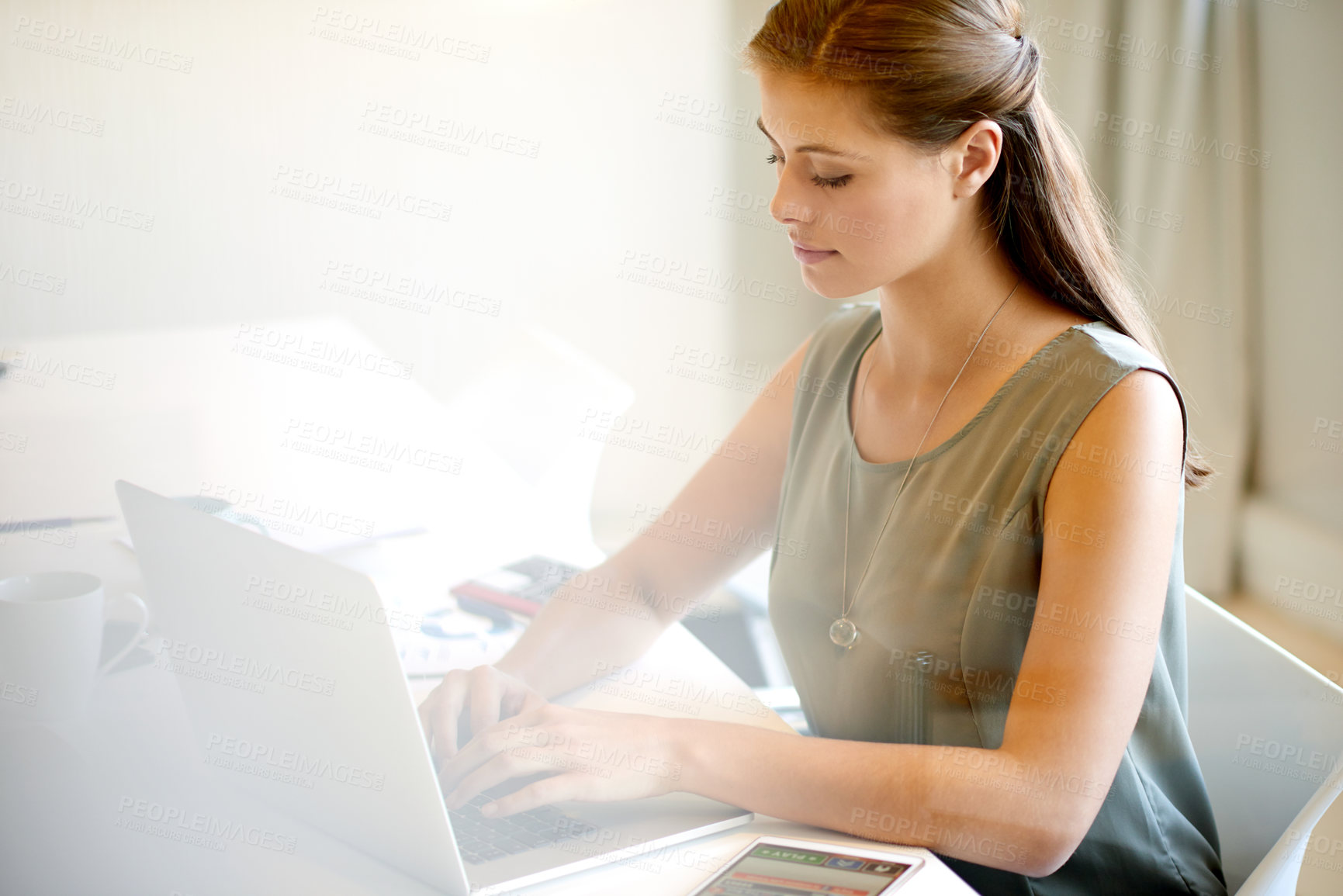 Buy stock photo Business woman, laptop and consulting report for human resources, management and research in company office. Advisor, email and workplace for HR feedback, recruitment admin and job opportunity news
