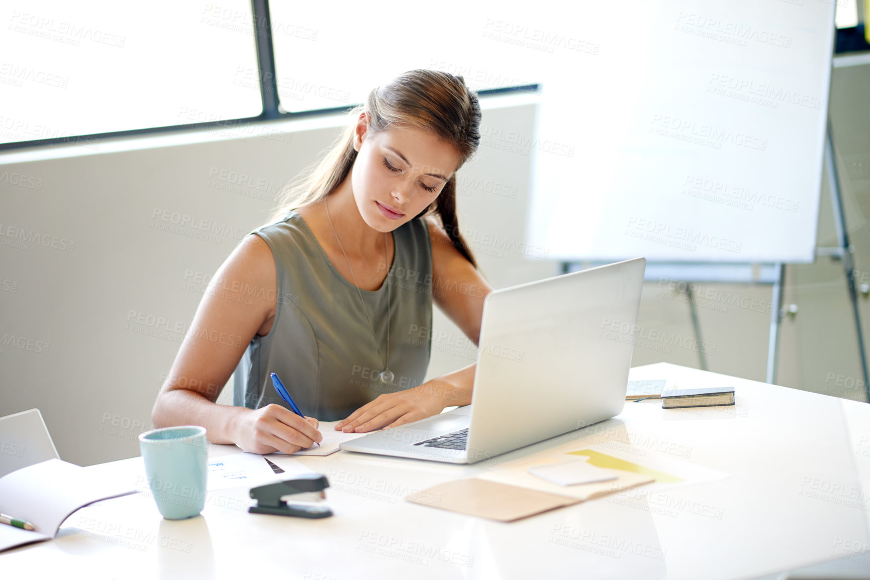 Buy stock photo Business woman, notes and feedback for human resources, management proposal and career research in office. Advisor, notebook and laptop for HR consultant, recruitment report and job opportunity news