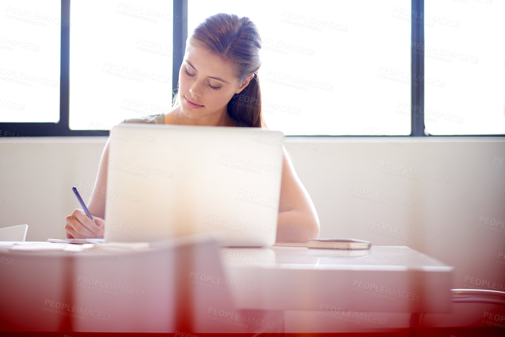 Buy stock photo Business woman, notes and research feedback for human resources, management proposal and career in office. Advisor, notebook and laptop for HR consultant, recruitment report and job opportunity news