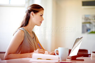 Buy stock photo Business woman, notes and reading feedback for human resources, management proposal and career in office. Advisor, notebook and laptop for HR consultant, recruitment report and job opportunity news