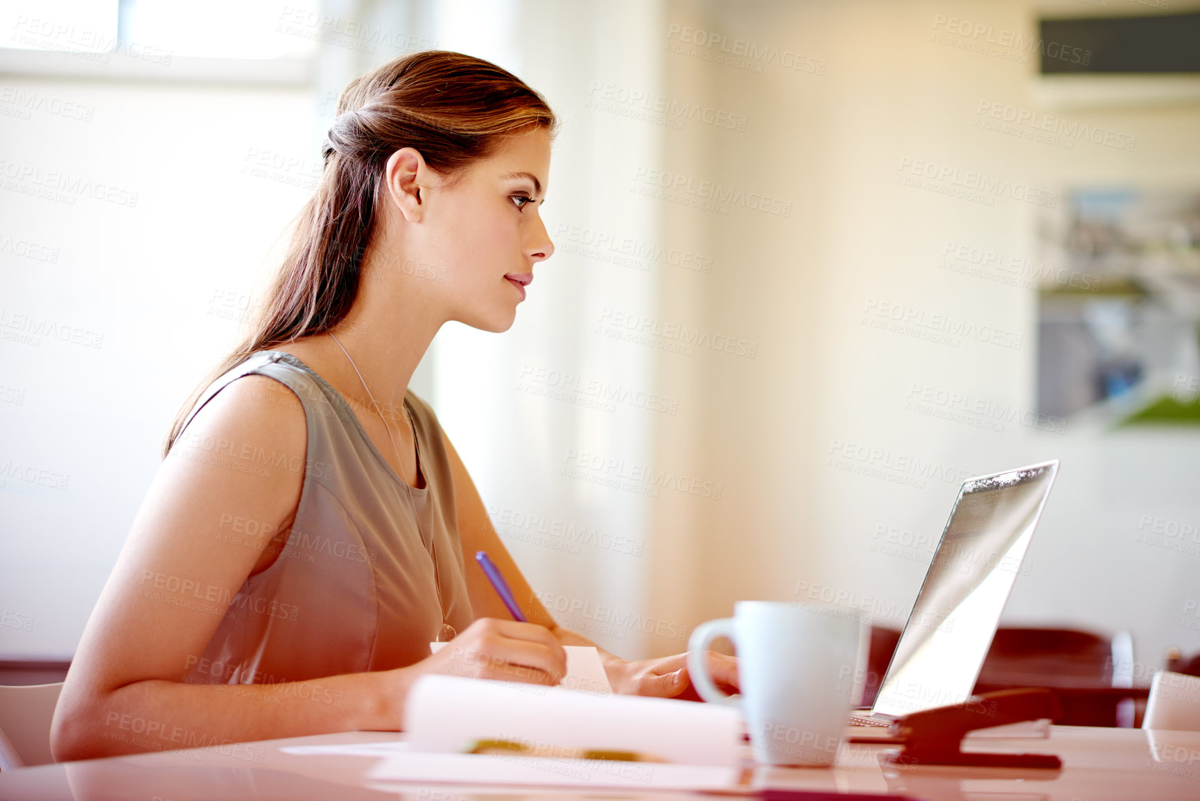 Buy stock photo Business woman, notes and reading feedback for human resources, management proposal and career in office. Advisor, notebook and laptop for HR consultant, recruitment report and job opportunity news