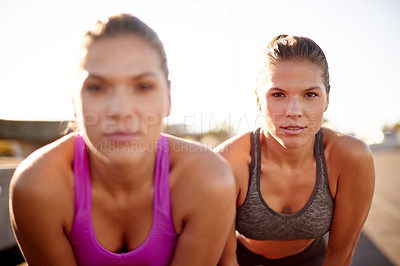 Buy stock photo Outdoor, women and tired in portrait for fitness, running challenge and preparation for marathon. City, people and sisters on break for workout, training or exercise with siblings for cardio wellness