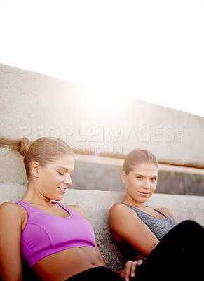 Buy stock photo City, women and rest in portrait for fitness, workout and  outdoor after running marathon. Bridge, mockup space and sisters on break for exercise, training session and wellness for siblings by flare