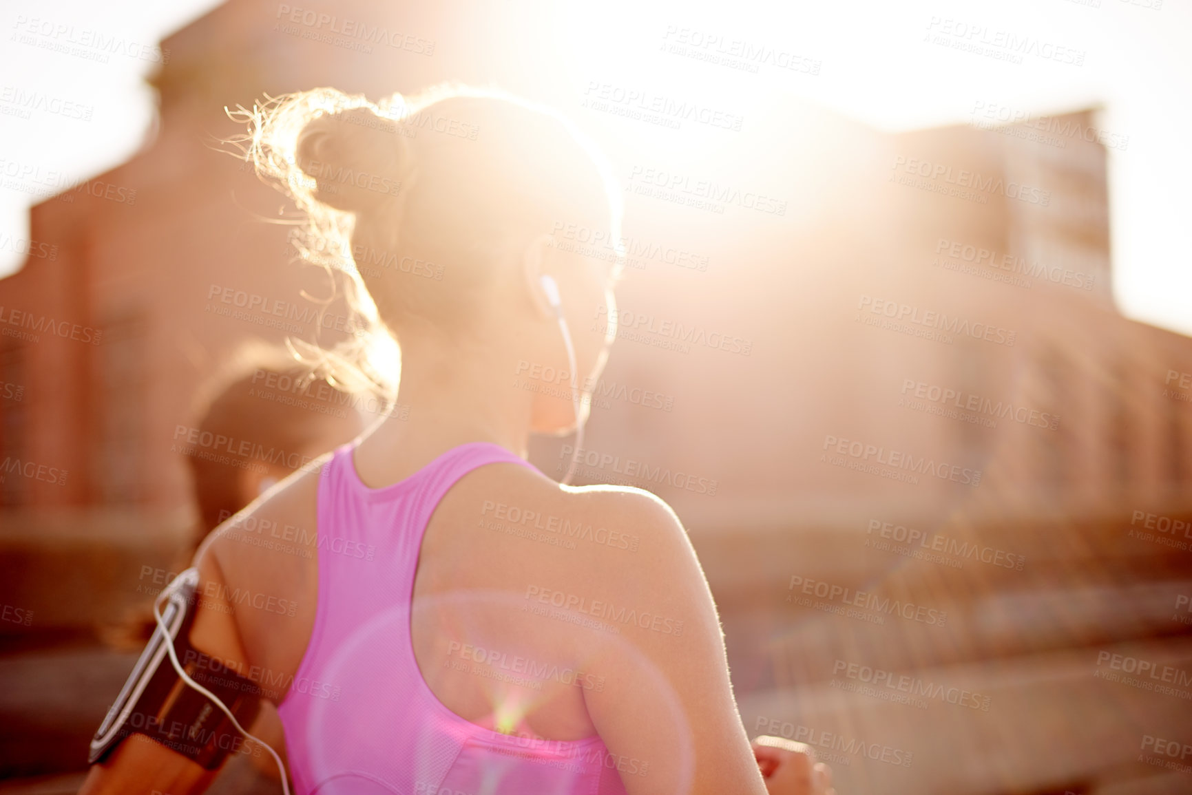 Buy stock photo Fitness, music and running with sports woman outdoor on bridge in city for cardio challenge. Competition, exercise and training with athlete people in urban town together or marathon or race