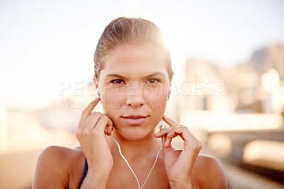 Buy stock photo City, woman and portrait with earphones for fitness, workout playlist and listening to audio outdoor. Urban, female person and runner on break with music, wellness and podcast for exercise motivation