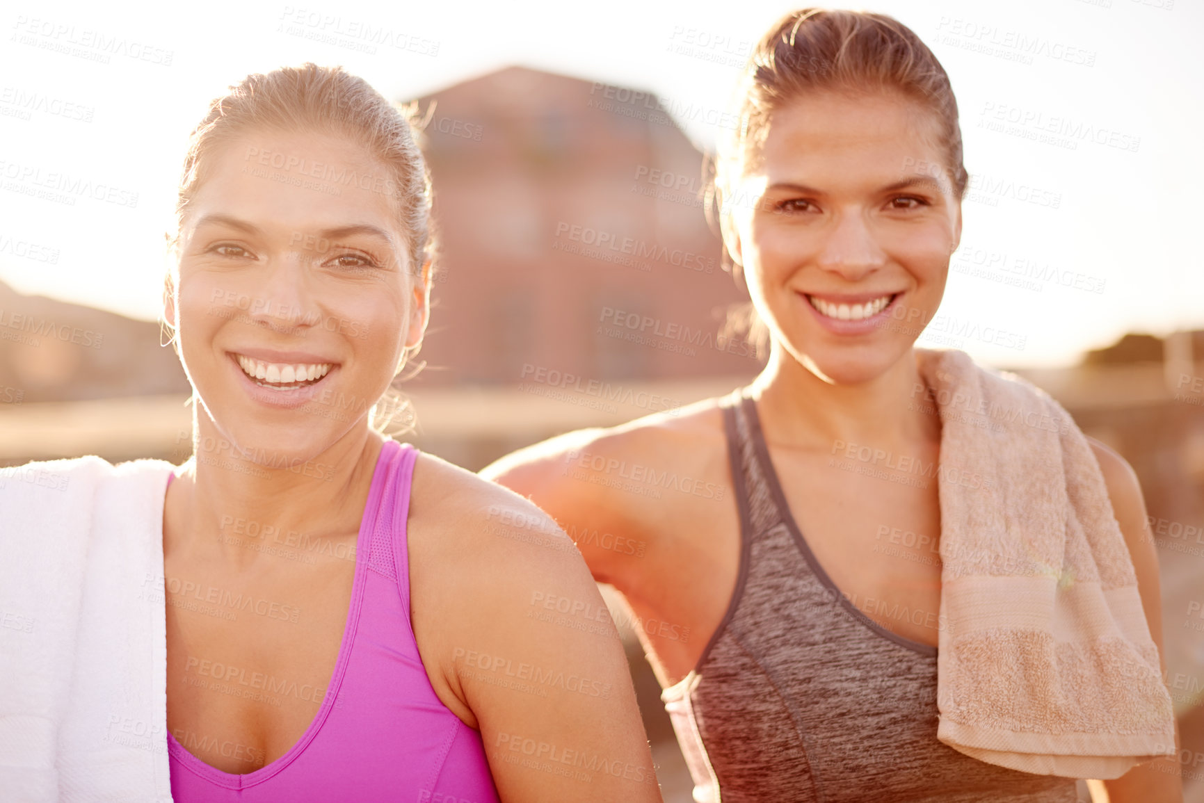Buy stock photo Fitness, sisters and portrait of happy women outdoor for exercise, training and athlete on workout break at sunset. Sports, twins and together in city for body health, wellness and relax with family