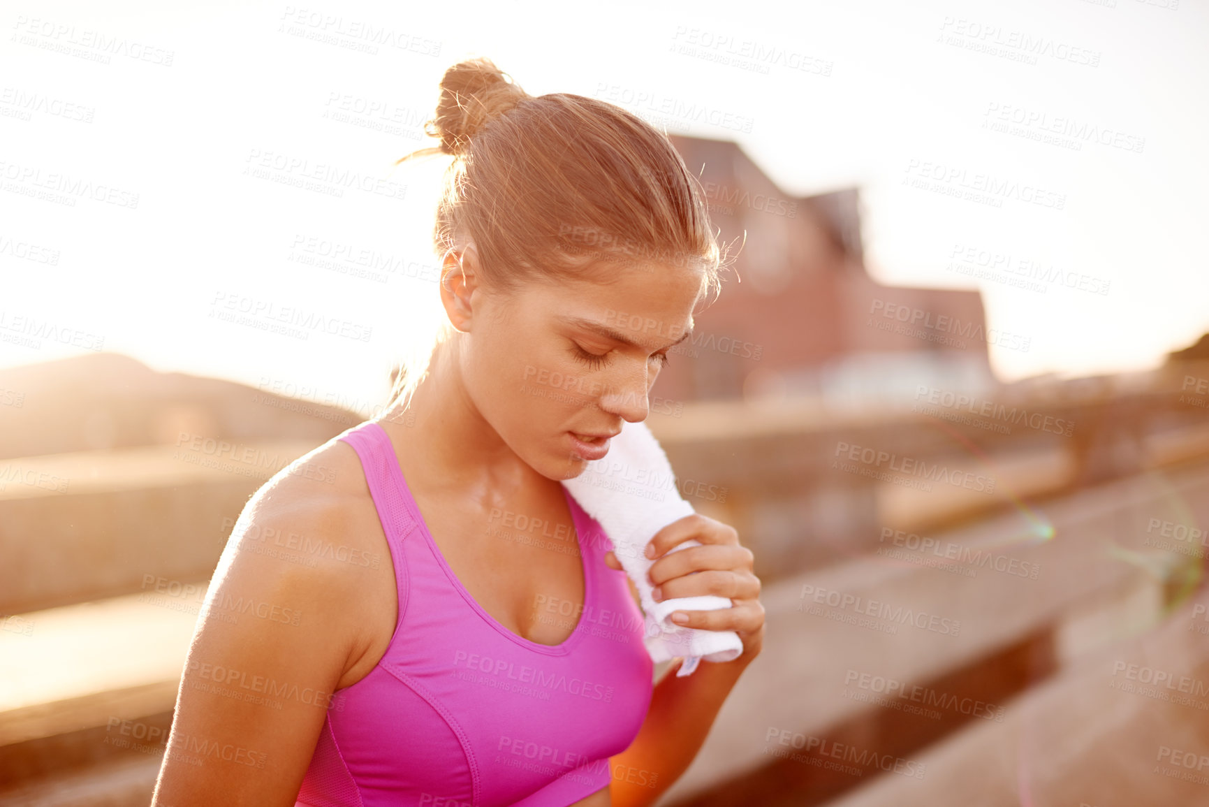 Buy stock photo Morning, healthy and woman with towel, fitness and exercise for building muscle, training and outdoor. Wellness, calm and rest for person with sportswear, workout and athlete with routine on weekend