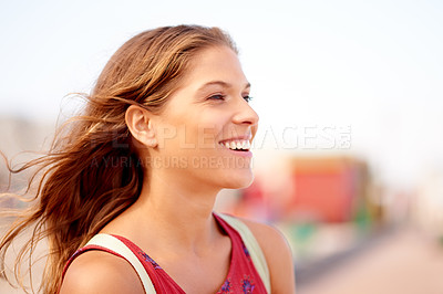 Buy stock photo Outdoor, woman and happy with thinking for tourism, travel destination or satisfaction for summer. Vacation, female person and tourist with reflection for holiday, adventure or sightseeing in Florida