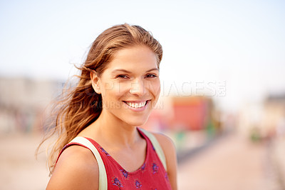 Buy stock photo Outdoor, woman and happy in portrait for tourism, travel destination and satisfaction for summer. Vacation, female person and tourist with confidence for holiday, adventure and sightseeing in Florida