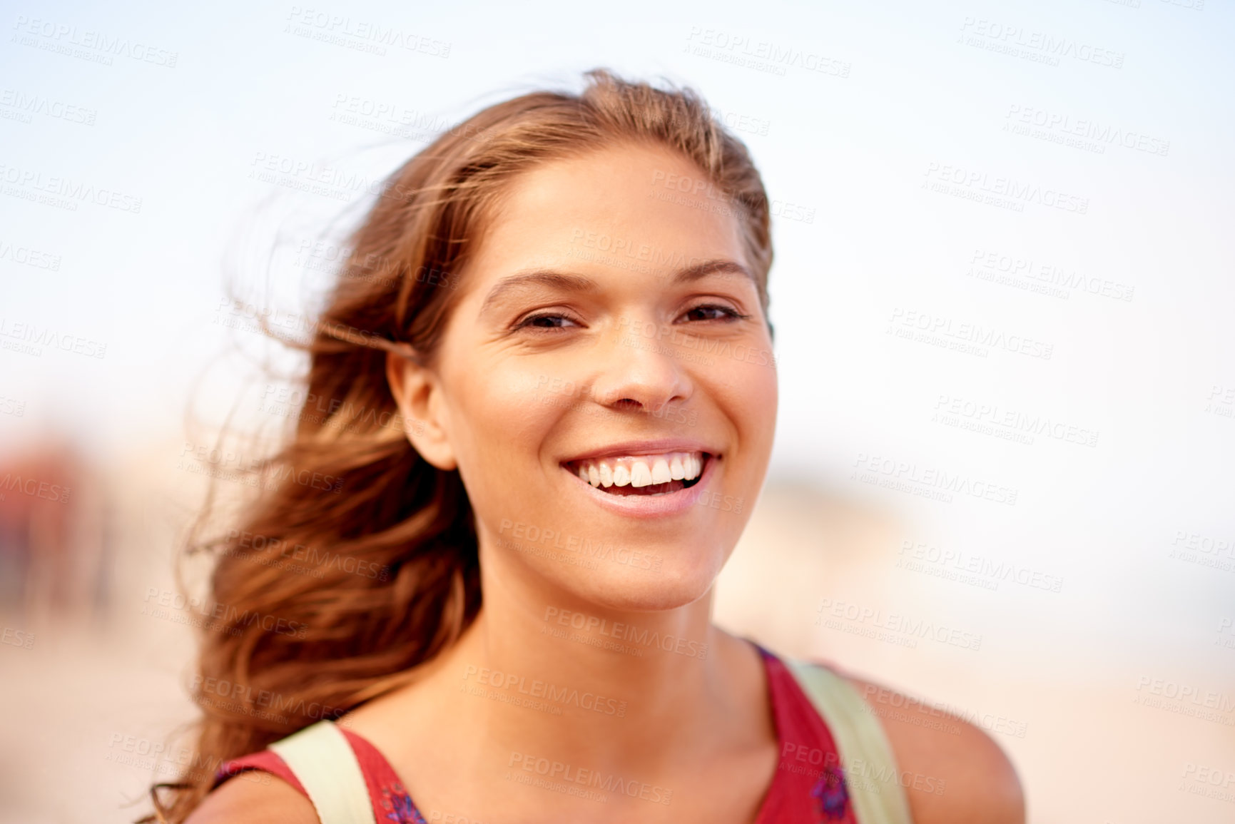 Buy stock photo Outdoor, woman and happy in portrait for adventure, travel destination and satisfaction for summer. Vacation, female person and tourist with confidence for holiday, tourism and sightseeing in Florida