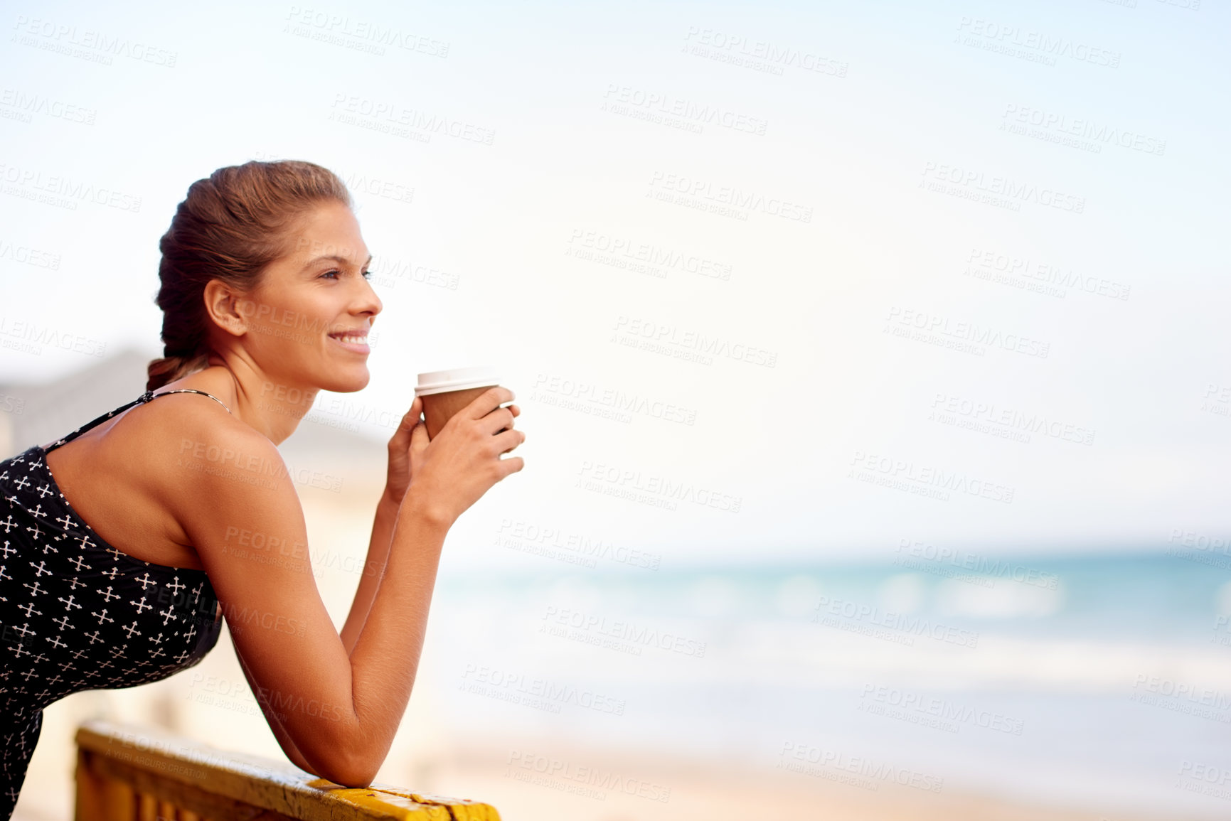 Buy stock photo Woman, coffee and thinking on vacation, beach and espresso cup on tropical island. Travel, balcony and outdoor nature for seaside peace, freedom and latte beverage for reflection by ocean space