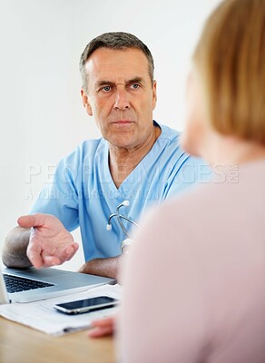 Buy stock photo Doctor, conversation and consultation with patient for healthcare support, advice and laptop for research in clinic. Gynecology expert, man and woman with computer, medical discussion and wellness