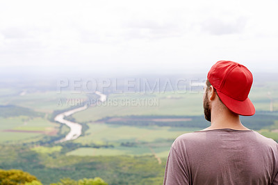 Buy stock photo Back, fresh air and man in nature, travel and tourism of environment in woods, view and countryside. Outdoor, scenery and holiday for person in forest, sustainability and location for vacation