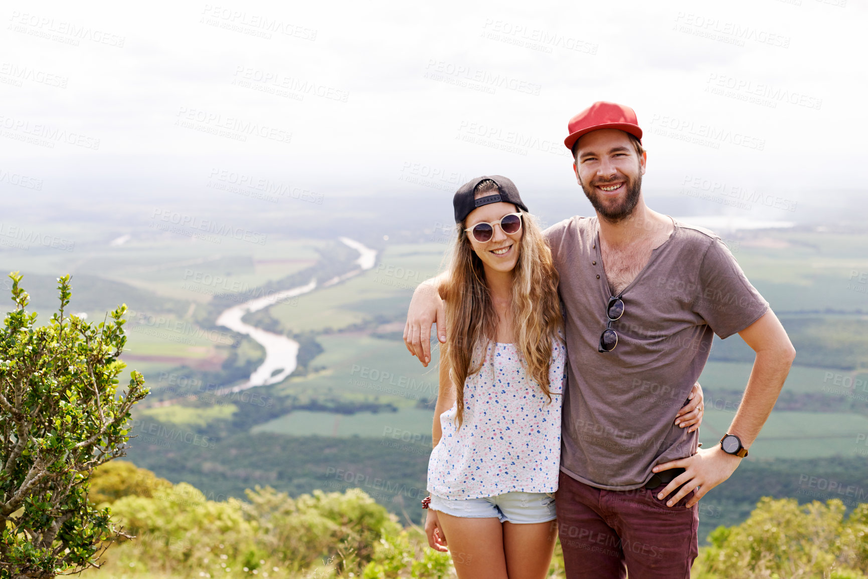 Buy stock photo Travel, couple and mountain portrait in countryside for trekking adventure, summer hiking and holiday weekend. People, space and bonding together in nature for sightseeing, exploration and wellness
