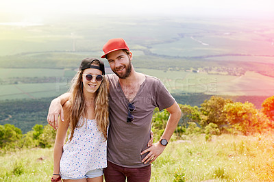 Buy stock photo Travel, couple and mountain portrait in nature for trekking adventure, summer hiking and holiday weekend. People, happy and bonding together in countryside for sightseeing, exploration and support