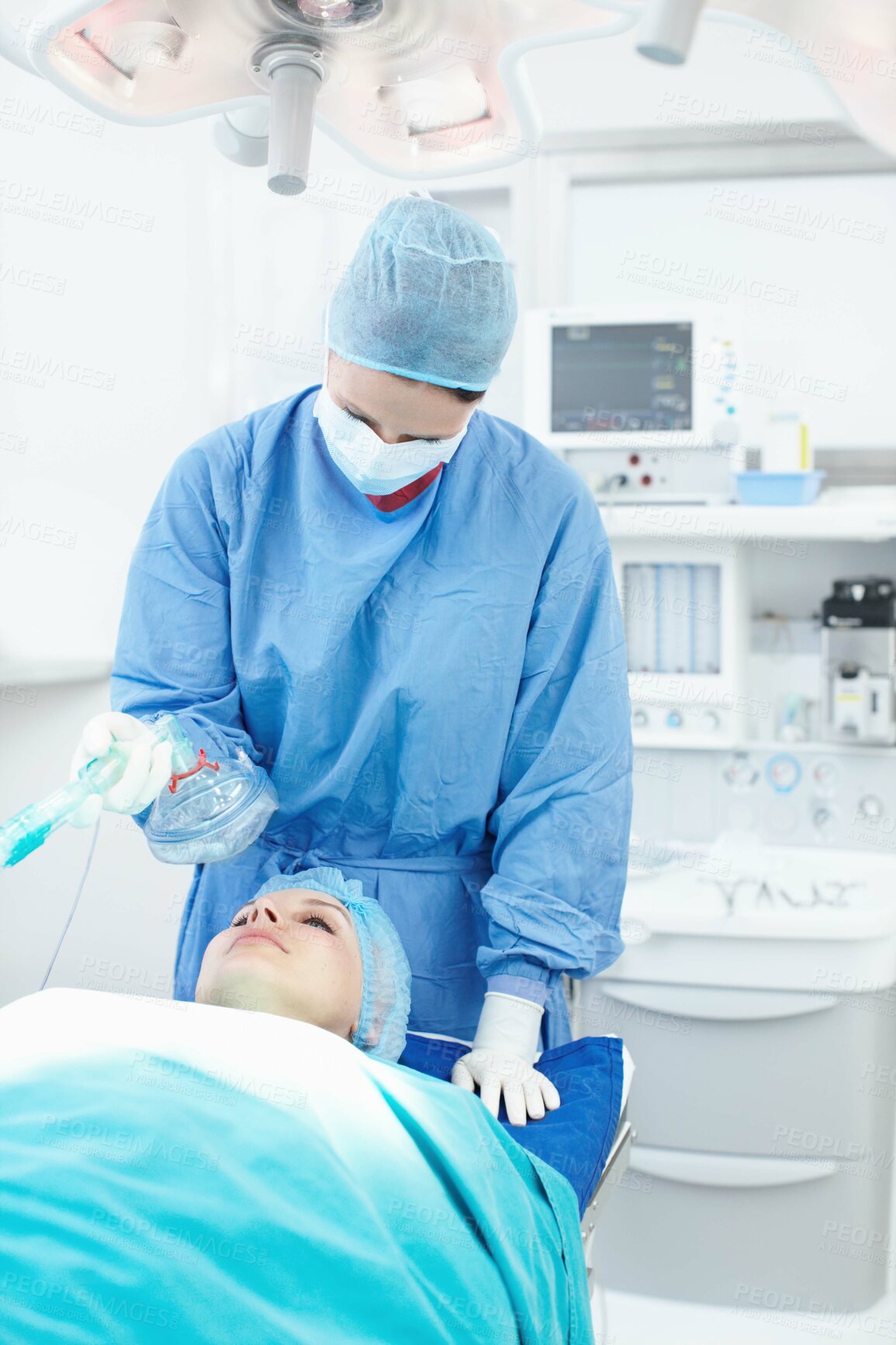 Buy stock photo Anesthesia, hospital and doctor in operating room for patient, preparation or operation. Healthcare person, collaboration and medical surgeon with oxygen mask, ventilation equipment or clinic service