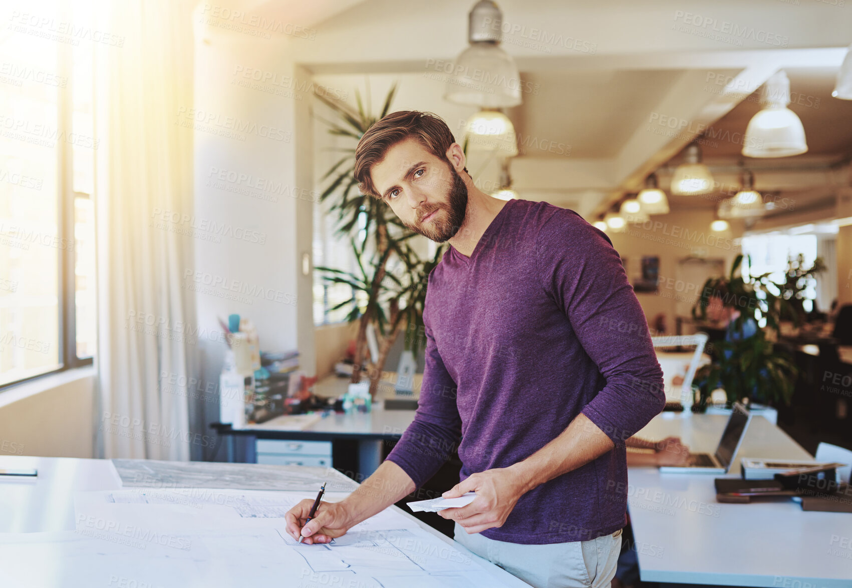 Buy stock photo Architect, portrait and blueprint with swatch for renovation project, remodeling and color choice for interior design. Architecture, man and floor plan layout for urban home improvement and planning