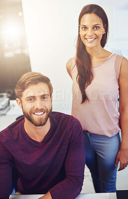 Buy stock photo Architect, man and woman with smile at office with documents, blueprint and pride for career at company. People, partner and happy with floor plan, property and creativity for real estate in Spain