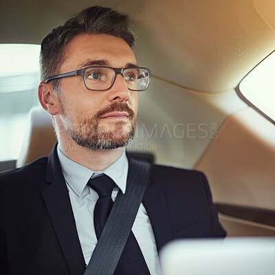 Buy stock photo Taxi service. travel and businessman in car with glasses, luxury commute and thinking in morning. Urban transport, chauffeur and professional man in cab drive with safety, direction or auto insurance