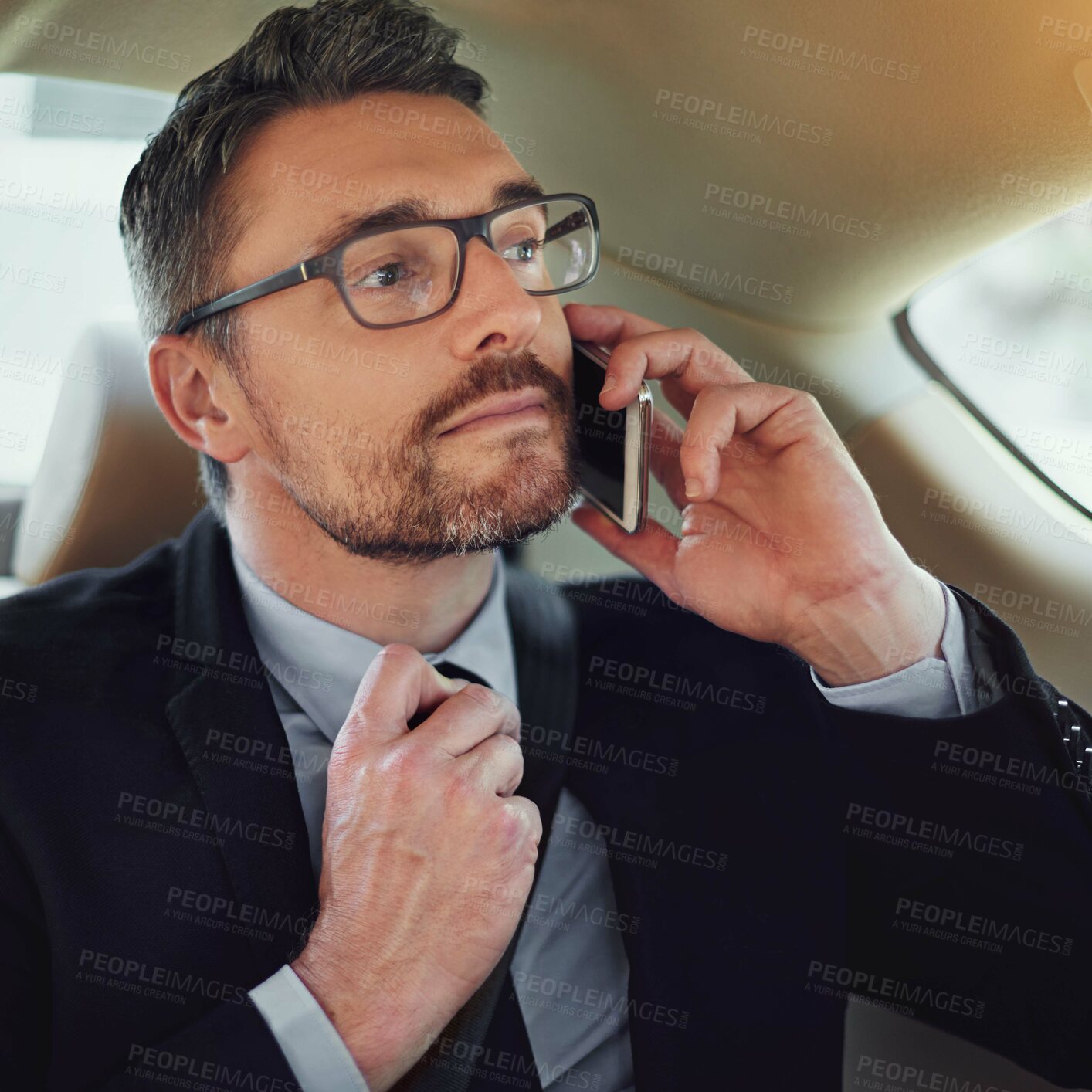Buy stock photo Business man, phone call and transport in car with thinking, networking and decision for company. Person, vehicle and smartphone on ride, travel and listening with chat in negotiation for agreement