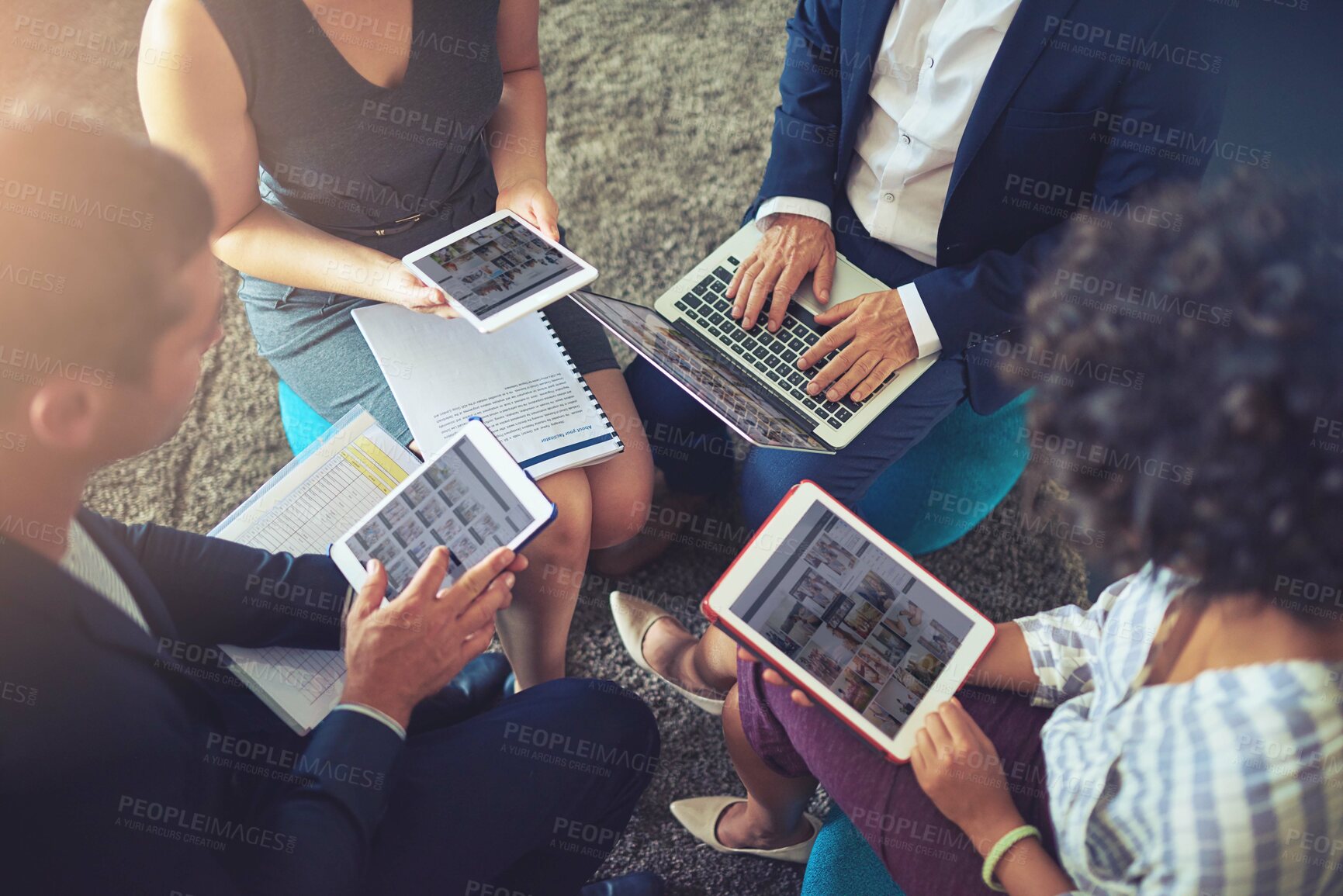 Buy stock photo Creative, brainstorming and business people with tablet, screen and discussion for planning or ideas collaboration. Diversity, meeting and workers with laptop for design project brief in office