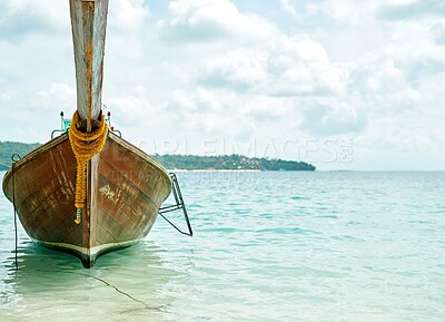 Buy stock photo Boat, water and transport in island, travel and vacation in ocean, tropical and holiday in Brazil. Resort, peace and summer for nature in beach, adventure and waves in sea of Rio de Janeiro or cruise