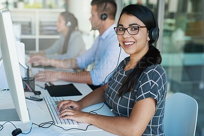 Buy stock photo Portrait of a happy and confident young woman working in a call center