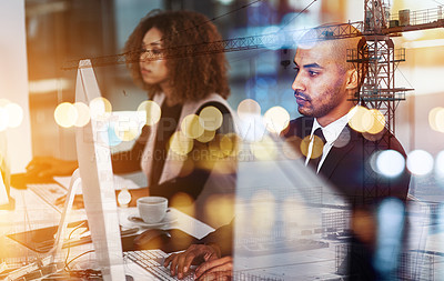 Buy stock photo People, computer and double exposure in city for business, networking and urban development. Traders, corporate investors and tech at bokeh overlay for economy research, finance management and typing