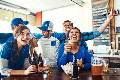 Buy stock photo People, excited and watching tv at sport pub with game, goal and beer at restaurant with celebration. Fan group, smile and happy with esports, live broadcast and match together at bar with win