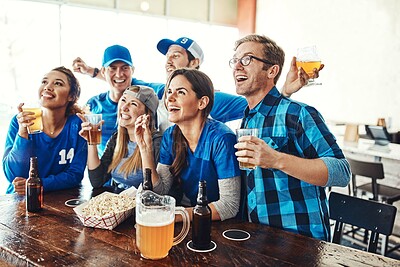 Buy stock photo Sports, fans and people in pub with television, beer and happy broadcast of world cup together. Solidarity, games and group of excited friends in bar for watch party, drinks and baseball team support