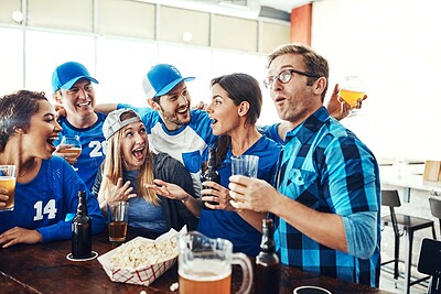 Buy stock photo Sports, fans and people in bar with discussion solidarity and beer at broadcast of world cup together. Baseball, games and group of excited friends in pub for watch party, drinks and team support