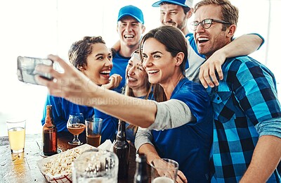 Buy stock photo Sports, group and people in pub selfie with beer, fans and happy celebration of world cup together. Photography, games and excited friends in bar for watch party, drinks and team support with smile