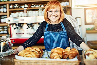Buy stock photo Portrait, apron and woman with croissant, bakery and seller with startup, small business and store. Face, person and entrepreneur with fresh product, professional and restaurant with service and cafe