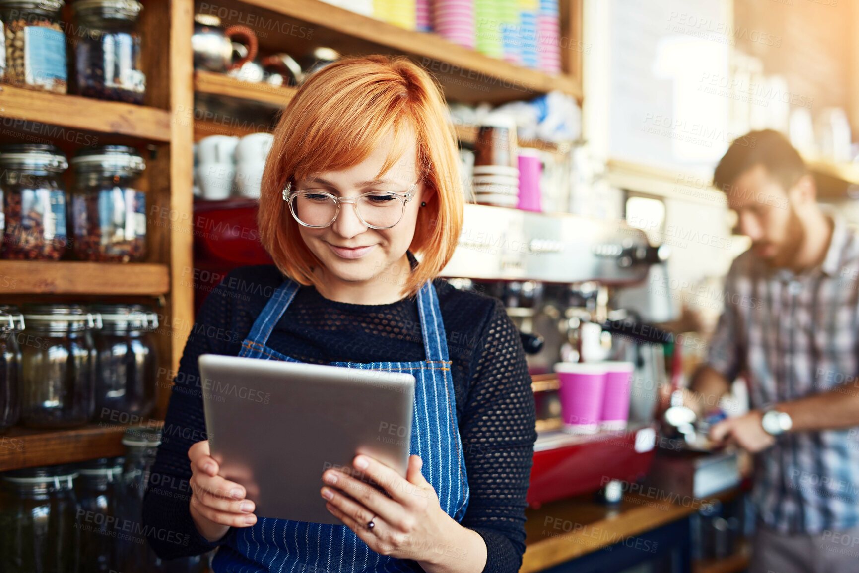 Buy stock photo Barista, woman and tablet for small business menu or online order on website in startup cafe. Coffee shop owner, waiter and review with technology for stock inventory or price checklist in store