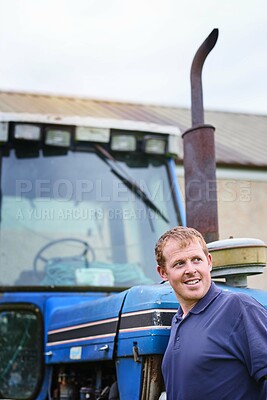 Buy stock photo Man, thinking and farmer by tractor outdoor in nature for transportation, maintenance for mowing or planting. Male person, agricultural equipment and machine for irrigation, cultivation and plowing.