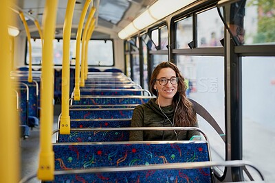 Buy stock photo Woman, bus and earphones with phone for smile, transportation and portrait with social media. Person, music and smartphone for listening with audio streaming subscription on mobile app for commute