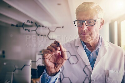 Buy stock photo Serious, man and scientist drawing on glass, science and molecular compound for medicine and healthcare. Lab, medical and research by mature person with glasses and planning for physics of formula