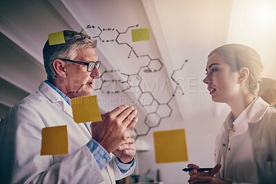 Buy stock photo Scientists, notes and solution with research, writing and innovation for experiment or medical in laboratory. Man, woman and glass wall with ideas, pharmaceuticals and science formula for drugs